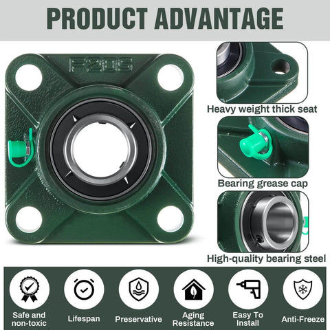 8 Pcs UCF205-16 Pillow Block Bearing with 1" Bore Flange Mounted Pillow Block Ball Bearing Self Alignment Cast Iron Housing Steel Unit for Industry, Green shown with close-up views of bearing and features.