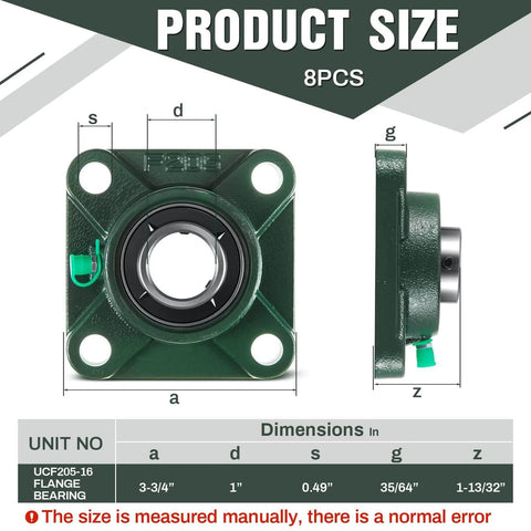 8 Pcs UCF205-16 Pillow Block Bearing with 1" Bore Flange Mounted Pillow Block Ball Bearing Self Alignment Cast Iron Housing Steel Unit for Industry, Green, front and side view showing dimensions.