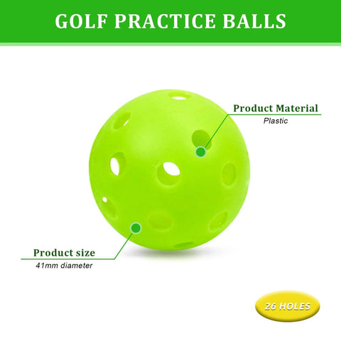 Close-up of 50 Pack Plastic Golf Balls Practice Limited Flight Golf Training Ball Hollow Swing Practice Indoor Balls with size and material details.