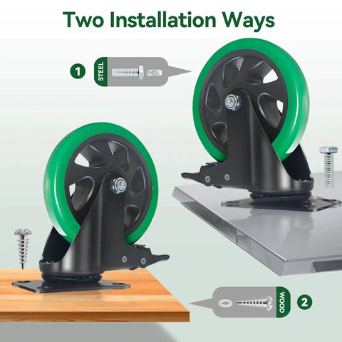 Two installation methods for 5 Inch Heavy Duty Swivel Plate Caster Wheels Set Of 4 With Brake Silent Polyurethane Castors.