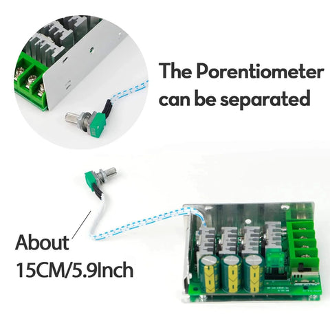 Front and top view of 7-70V PWM DC Motor Speed Controller 30A - Low Heat Aluminum Housing for Brushed DC Motors with separate potentiometer