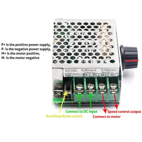 Front view of a 7-70V PWM DC Motor Speed Controller 30A with low heat aluminum housing, labeled connections, and control knob.