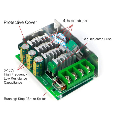 7-70V PWM DC Motor Speed Controller 30A - Low Heat Aluminum Housing, green circuit board with capacitors, heat sinks, and fuse