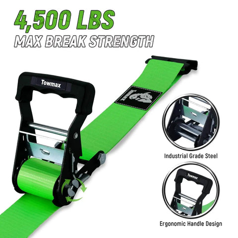Close-up of 4500Lb Towmax ratchet strap with ergonomic handle for All In One UTV Wheel Chock Tie Down Kit, bright green color.