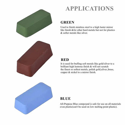 Metal Polishing Buffing Compound Set With Six 1 Oz Bars In Black Brown White Green Red Blue A Complete Progressive Abrasive Kit For Polishing Aluminum Stainless Steel Jewelry From Coarse To Fine Brings Superior Shine And Smooth Finishes. Image shows green, red, blue polishing bars.