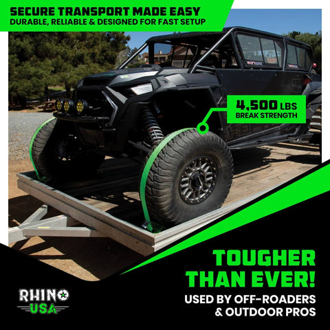 ATV secured on trailer using Heavy Duty Wheel Chock Tie Down Kit With 4500 Pound Break Strength Includes 2 Wheel Chocks And 4 Ratchet Straps