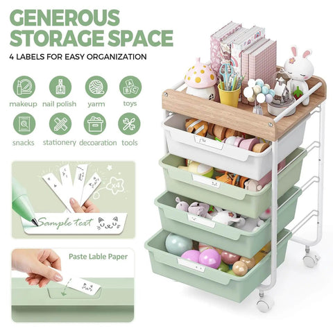 Rolling Storage Utility Cart With Four Drawers For Craft Art Supplies And Makeup Organization On The Go Mobile Cart With Green Finish And Wooden Tabletop Perfect For Kid Rooms Or Office By SYKIARIOL