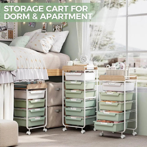Rolling Storage Utility Cart With Four Drawers For Craft Art Supplies And Makeup Organization On The Go Mobile Cart With Green Finish And Wooden Tabletop Perfect For Kid Rooms Or Office By SYKIARIOL in a dorm room setting.