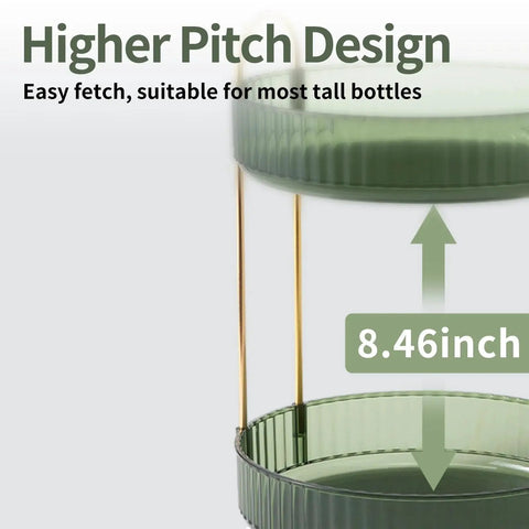 Close-up of green 360 Degree Rotating Makeup Organizer for Vanity showing 2-tier large capacity with 8.46-inch height for tall bottles