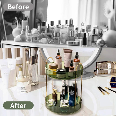 Before and after comparison with 360 Degree Rotating Makeup Organizer for Vanity showcasing neat 2-tier skincare and cosmetic storage.