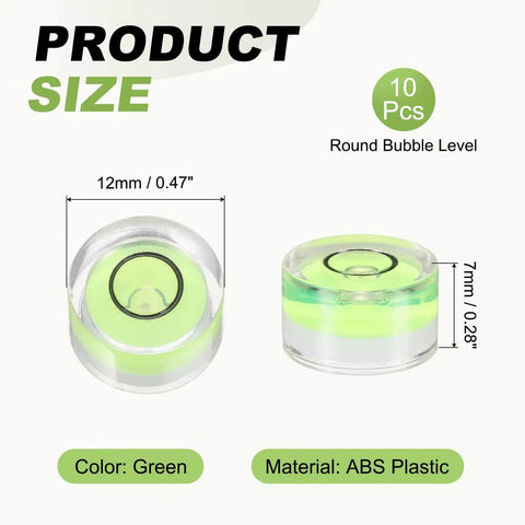 Ten pieces of round bubble levels in green for precise, quick leveling on cameras, tripods, telescopes, frames, and workshop setups.