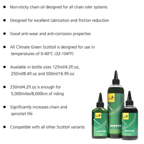Bottles of All Climate Green Scottoil for motorcycle chain lubrication with product details on anti-wear and lubrication properties.