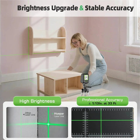Self Leveling Laser Level With 40 Inch Tripod for DIY projects showing green cross line with 150 Ft indoor range