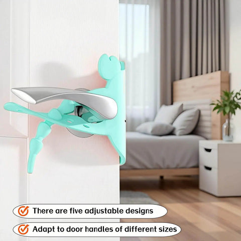 Adjustable Silicone Door Silencer Sleeve Buffer with 5-Position Design installed on door latch in bedroom, green crab shape.