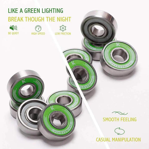 Pro Longboard Bearings High Speed 608RS Ball Skate Bearing ABEC with green seals and stainless balls, pack of 8 for smooth acceleration.