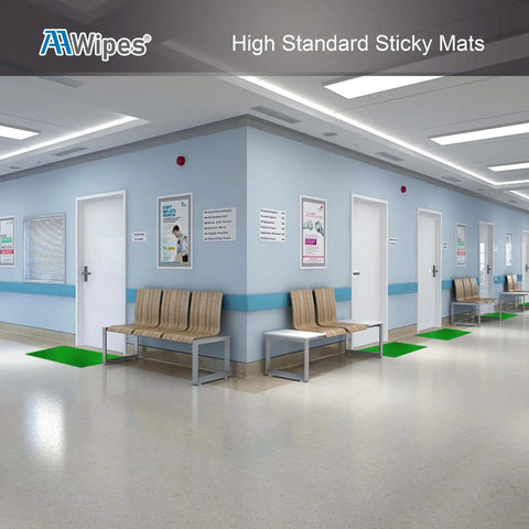 Hospital corridor with green Sticky Mat Adhesive Pads for cleanrooms 24 by 36 inches 5 pack under each door