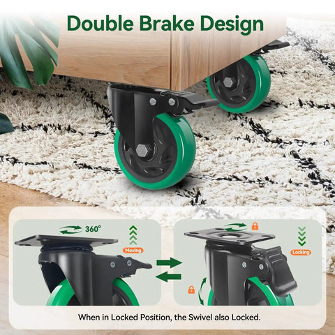 4 Inch Swivel Plate Caster Wheels Set of 4 Heavy Duty 1800 Lbs Total Capacity with Brakes Polyurethane Casters for Workbench and Cart Green Finish