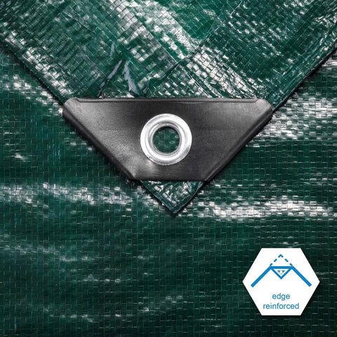 Close-up of 8x10 Feet Waterproof Green Tarp 8 Mil Thick with reinforced corner and grommet detail, multipurpose protective cover.