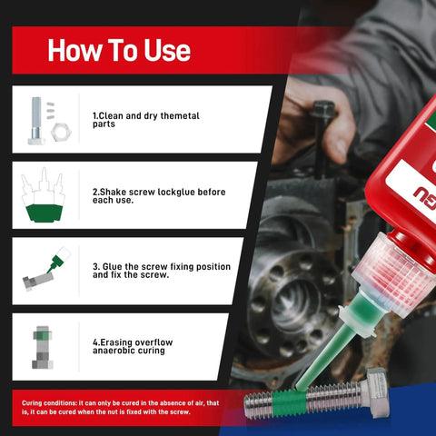 How to use Green High Strength Threadlocker That Fills Gaps In Worn Threads And Keeps Fasteners Tight Through Heat Oil And Chemicals, Industrial Grade Adhesive For Metal Bolts Nuts And Screws, Medium Viscosity Glue 1.69 Oz 50 Ml VG270 By Vikagu