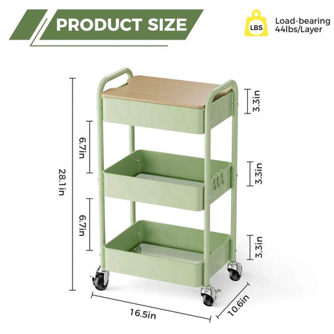 Three Tier Rolling Cart With Table Top Heavy Duty Metal Utility Cart With Locking Wheels And Hooks For Office Classroom Kitchen And Bathroom Sturdy Storage Organizer On Wheels By Johgee, shown with dimensions and load capacity.