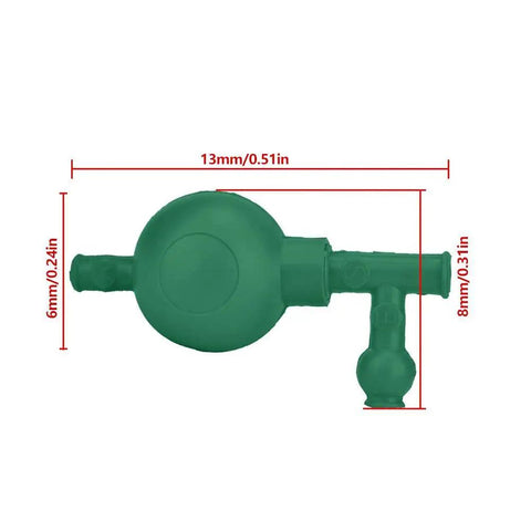 Side view of green Three Valve Suction Bulb Pipette Filler for efficient liquid transfer in laboratories, durable rubber construction.