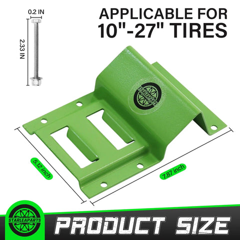 Heavy Duty Wheel Chock Tie Down Straps Set Two Pack With 4,400 Lb Max Break Strength And 2 Inch By 6 Foot Trailer Tire Straps Plus Four Wheel Chocks For ATVs UTVs Mowers And Tractors Safe E Track Compatible, showing a green metal wheel chock for 10 to 27 inch tires.