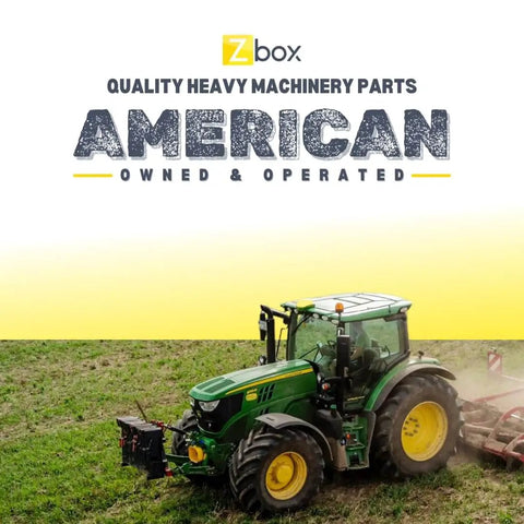 Tractor plowing field with a heavy-duty attachment, showcasing quality machinery parts, American owned and operated.
