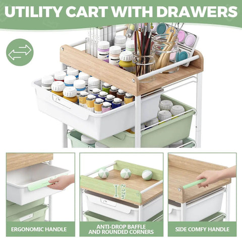 Rolling Storage Utility Cart With Four Drawers For Craft Art Supplies And Makeup Organization On The Go Mobile Cart With Green Finish And Wooden Tabletop Perfect For Kid Rooms Or Office By SYKIARIOL shown with supplies.