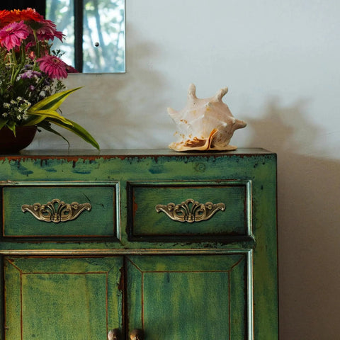 Green cabinet with Antique Brass Bail Drawer Pulls 4 Pack With 3-3/8 Inch Hole Centers 85mm Vintage Cabinet Handles, floral decor on top