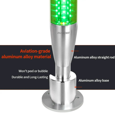 Industrial Warning Light Tower 24V DC With All Metal Aluminum Body And Bulletproof PC Cover showing green light and aluminum components