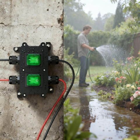 IP65 Waterproof Dual Light Switch Box Built To Endure Outdoors For 12V To 24V Systems, 30A DPST Toggle Switch, Four PG9 Cable Glands