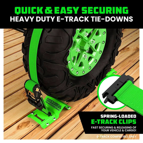 Heavy Duty Wheel Chock Tie Down Kit With 4500 Pound Break Strength Includes 2 Wheel Chocks And 4 Ratchet Straps For E Track System For ATV UTV Lawn Mower And Trailer Green Rhino USA showing green wheel chock securing a tire with ratchet strap on wooden surface
