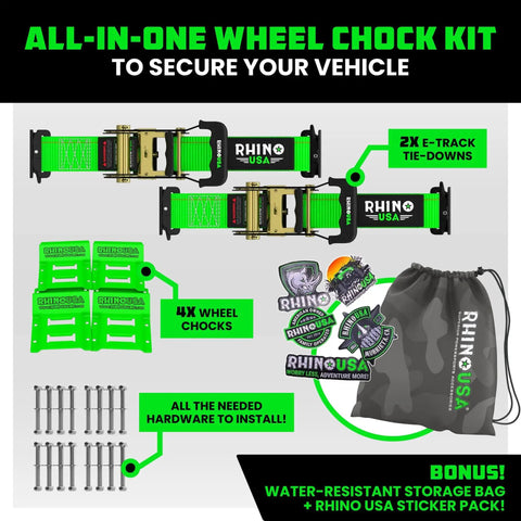 Heavy Duty Wheel Chock Tie Down Kit With 4500 Pound Break Strength Includes 2 Wheel Chocks And 4 Ratchet Straps For E Track System For ATV UTV Lawn Mower And Trailer Green Rhino USA with storage bag and stickers