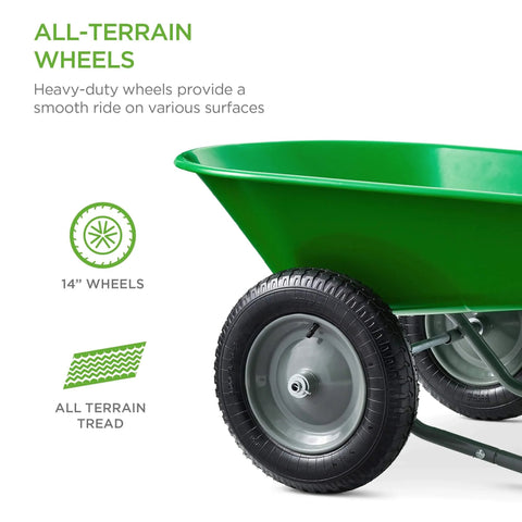 Dual Wheel Home Utility Yard Wheelbarrow Garden Cart with Built In Stand showing 14 inch all-terrain wheels
