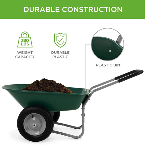 Dual Wheel Home Utility Yard Wheelbarrow Garden Cart with Built In Stand 5 Cubic Foot Capacity 330 lb Load Green with dirt in bin