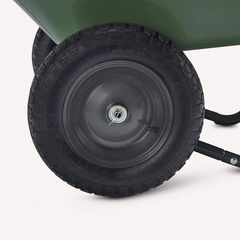 Close-up of inflatable rubber wheel on the 3.7 Cubic Feet Garden Wheelbarrow with 330 Pound Capacity, featuring tread design.