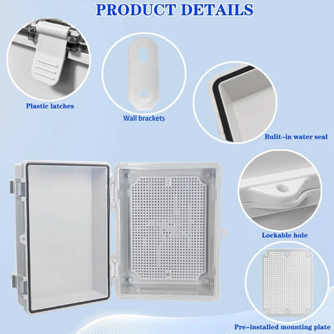 Weatherproof Outdoor Electrical Box IP67 ABS Plastic Enclosure with Mounting Plate and Wall Brackets, open view