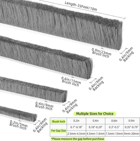 Thick Self Adhesive Brush Weather Stripping For Windows And Doors 0.9 Inch Brush Height By 0.4 Inch Backing Width 33 Feet Length, grey