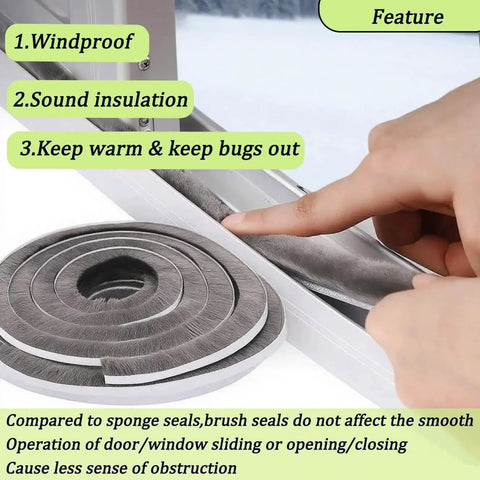 Thick Self Adhesive Brush Weather Stripping For Windows And Doors 0.9 Inch Brush Height By 0.4 Inch Backing Width 33 Feet Length Grey Sliding Seal Strip Window Felt Dust Stopper Draft Blocker Insulation And Winter Weatherproofing shown installed on window with hand adjusting seal.