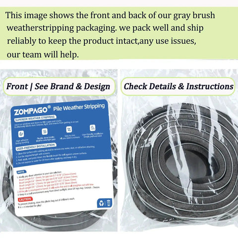 Front and back of thick self adhesive brush weather stripping for windows and doors 0.9 inch brush height by 0.4 inch backing.