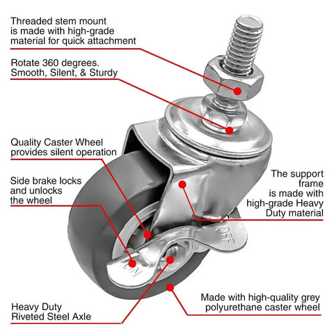 2 Inch Grey Caster Wheel Threaded Stem Mount 3/8 To 1.2 Inch, Dual Locking Brake, 360 Degree Swivel, Polyurethane Wheel