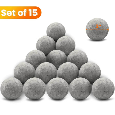 Set of 15 grey 3 Inch Ceramic Fire Balls for Indoor and Outdoor Fire Pits, Fire Bowls, and Fireplaces, arranged in a pyramid.