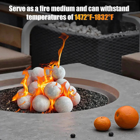 3 Inch Ceramic Fire Balls 15-Pack Round Fire Stones, Grey, in Outdoor Fire Pit with Flames and Oranges Nearby