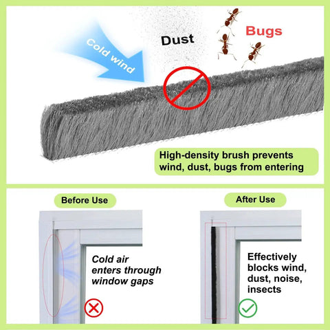 Thick Self Adhesive Brush Weather Stripping For Windows And Doors 0.9 Inch Brush Height By 0.4 Inch Backing Width 33 Feet Length Grey
