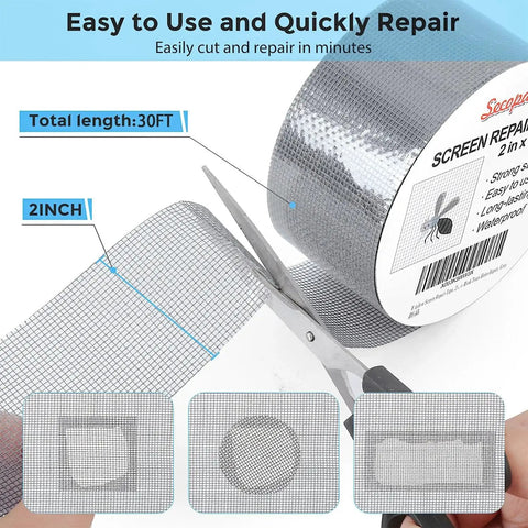 Cutting Grey Window Screen Repair Tape 2 Inch By 30 Foot Roll with scissors showing fiberglass mesh texture and product label.