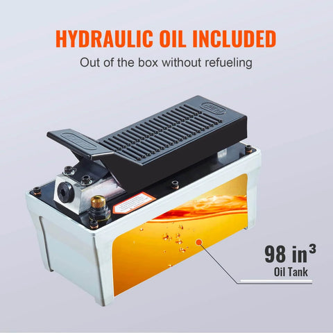 Air Hydraulic Pump, 10,000 PSI 1/2 Gal Reservoir, foot actuated, shown with hydraulic oil included label and specifications