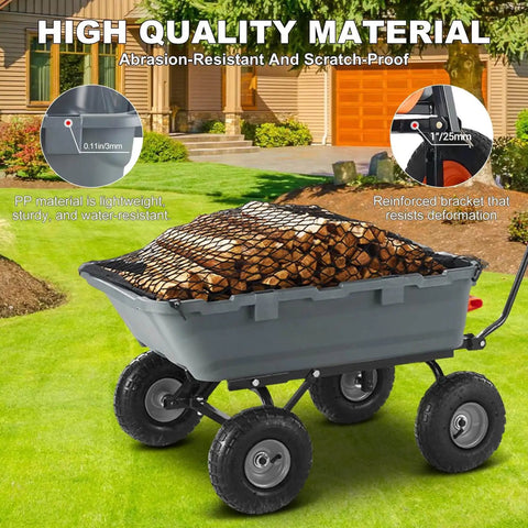 Heavy Duty Garden Dump Cart For Outdoors 800 Lb Capacity With Quick Release Dump And 10 Inch Flat Free All Terrain Wheels Utility Wagon For Soil Mulch Plants And Tools Grey loaded with firewood in backyard