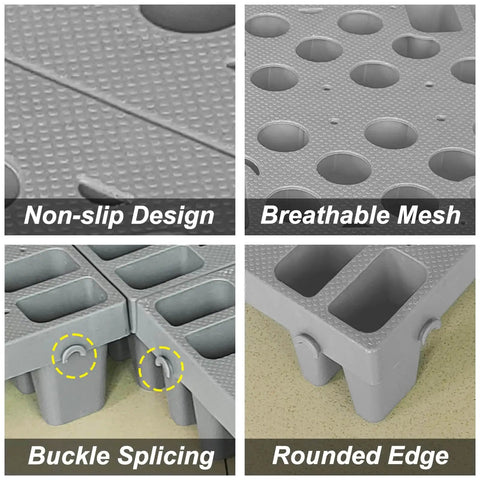 Close-up of 6 Pack Grey Plastic Pallets With Interlocking Design And Breathable Grid For Airflow, Lightweight Waterproof HDPE Floor Pads