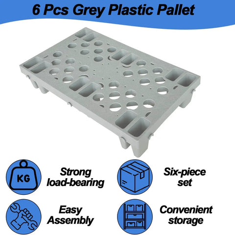 6 Pack Grey Plastic Pallets With Interlocking Design And Breathable Grid For Airflow, Lightweight Waterproof HDPE Floor Pads, front view