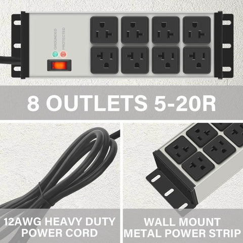 Grey Heavy Duty Power Strip Surge Protector 20 Amp with eight outlets, metal body, wall mount, shown with 12AWG 25 ft cord.